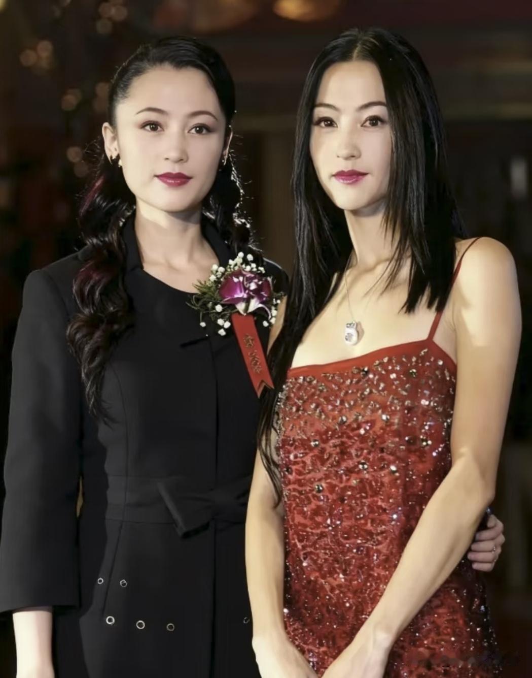 陈红与张柏芝许多年同框的旧照！张柏芝脸形瘦且尖，陈红脸形肥且圆。可能由于化妆的原