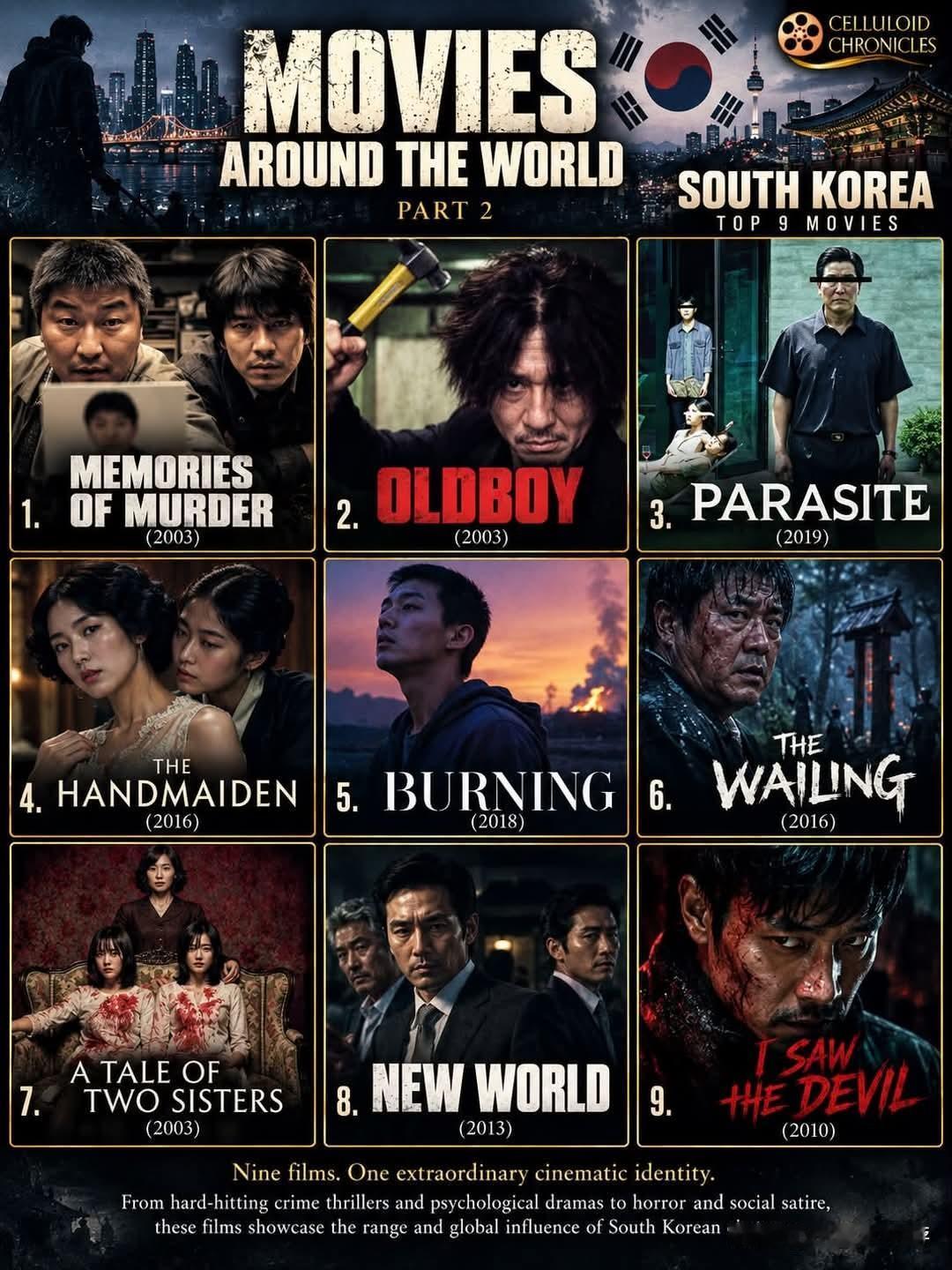 🇰🇷 韩国 — 9部顶尖佳作
 
1. 🎬《杀人回忆》(2003)
2. 