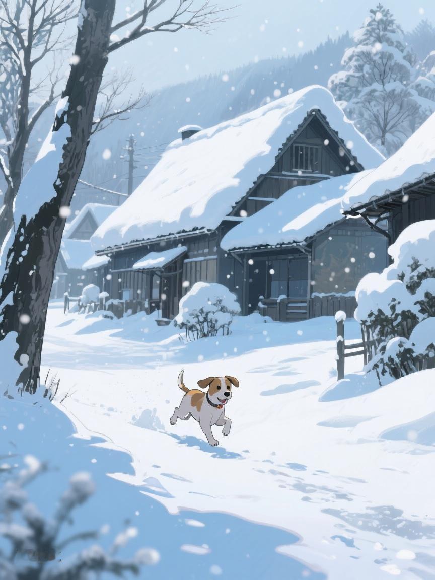 AI妙生图雪落的村庄，小狗撒欢，时光静谧。每片雪花都藏着秘密，等待有心人探寻✨
