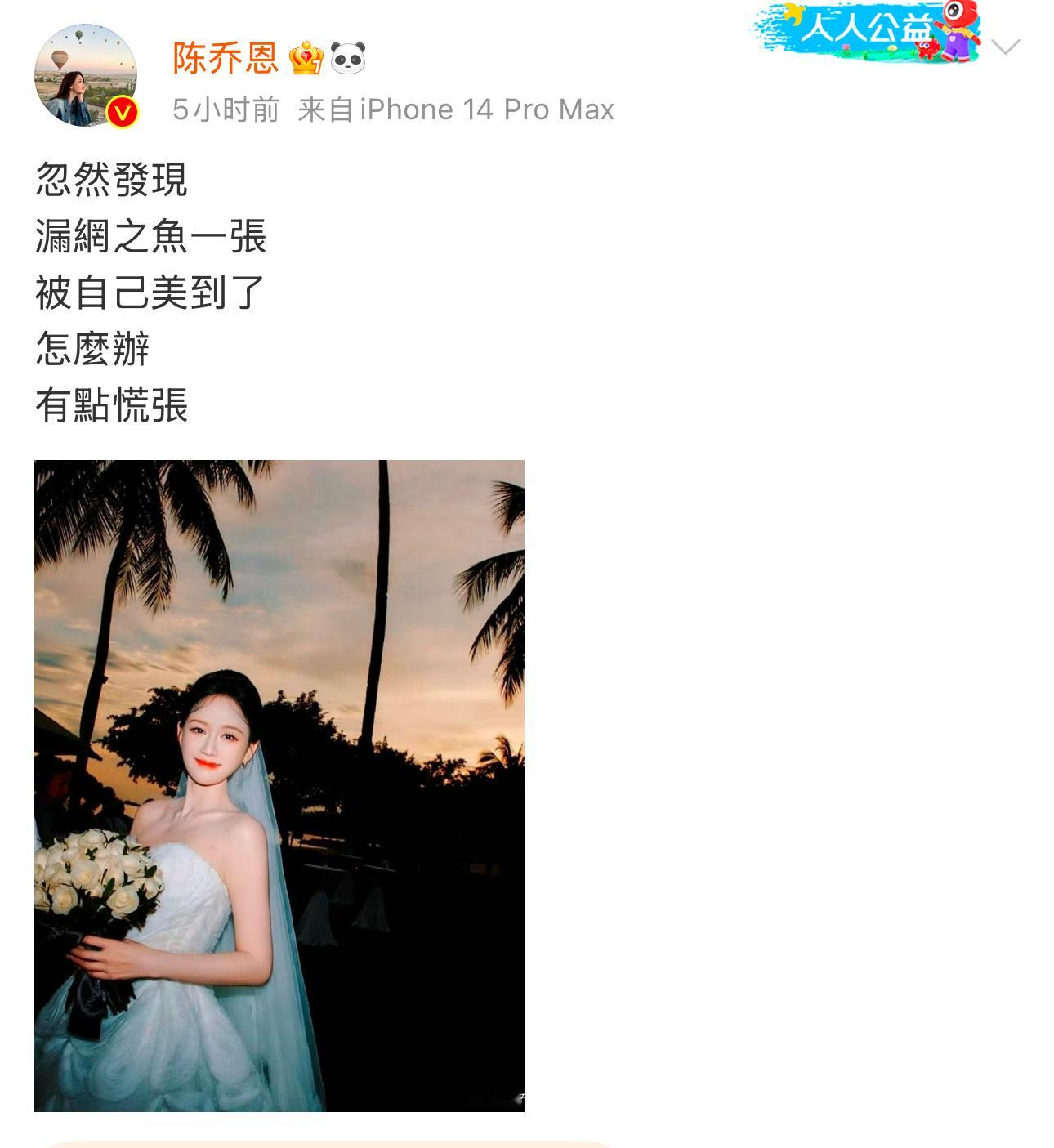 陈乔恩被自己的婚纱照美到了 陈乔恩被自己的婚纱照美到了，真的好美啊[月亮代表我的