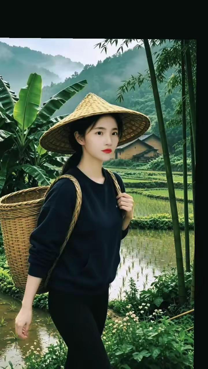 田园少女，竹篮相伴，漫步在绿意盎然的田野间。