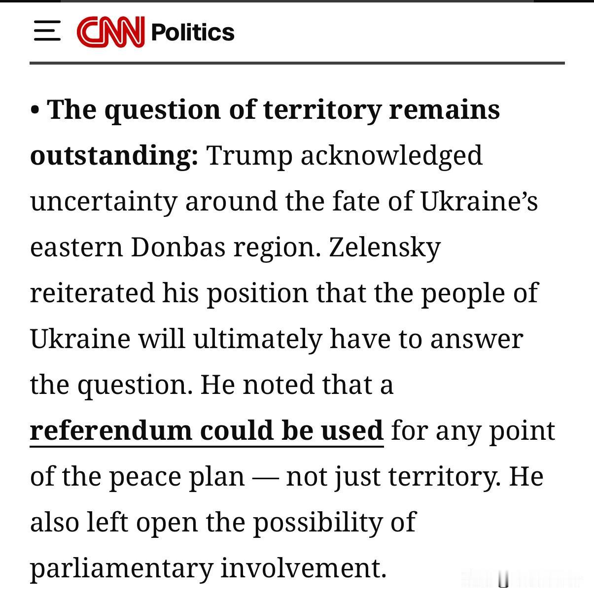 乌东顿巴斯等土地的归属，看来成为未来和平协议的最大障碍。
   川普在新闻发布会