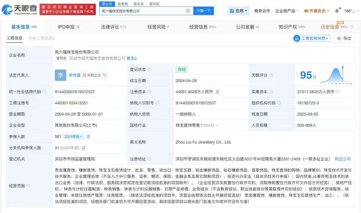 【周六福因产品质量违法被罚】
天眼查经营风险信息显示，近日，周六福珠宝股份有限公