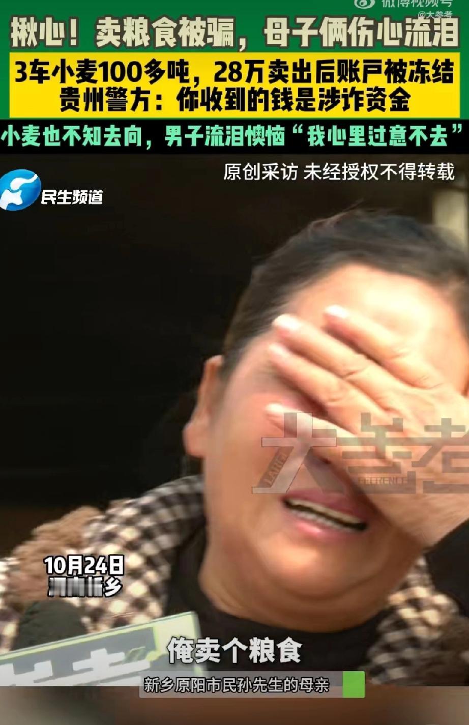 卖小麦收28万却被冻结母子痛哭。此类事件凸显涉诈资金冻结的精准性难题，反诈追赃本