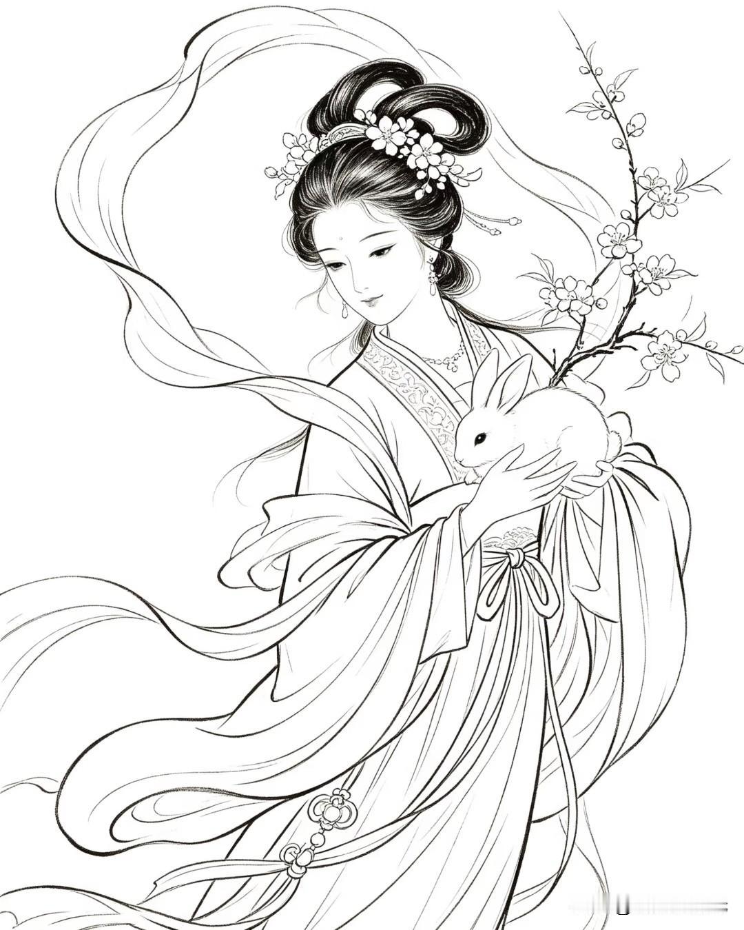 素笔轻描嫦娥影，云袂飘飘，玉兔相依。墨线流转间，衣袂随风舒展，青丝柔婉，眉目清宁