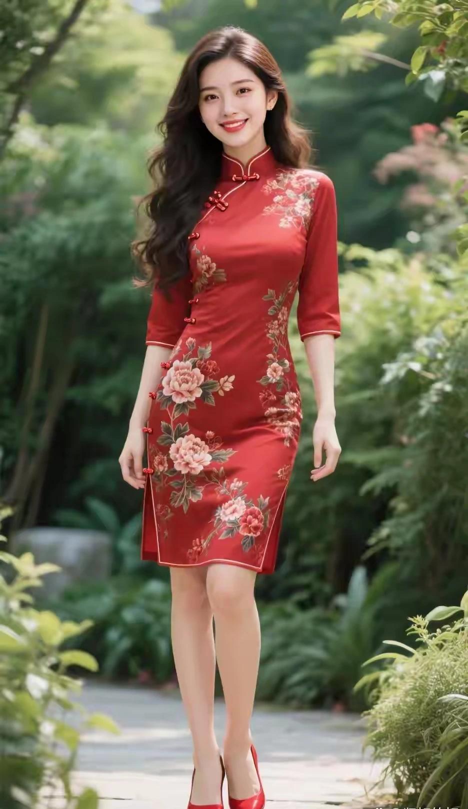 唯有牡丹真国色 
花开时节动京城。
旗袍雅致韵味生
红黑牡丹显风情。
中国旗袍，