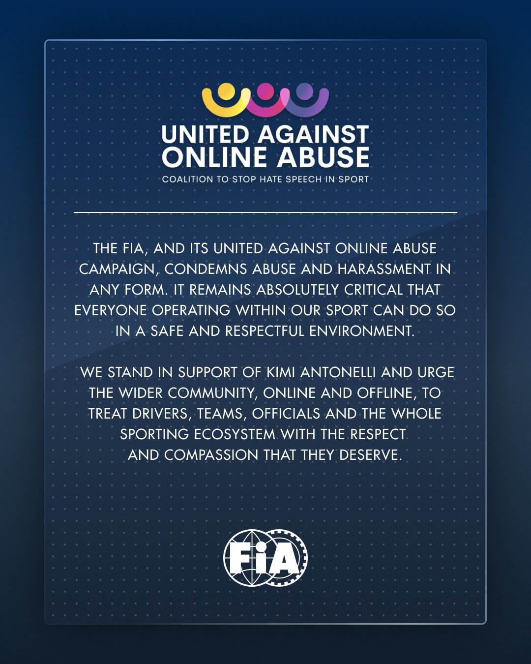 FIA官方声明声援安东内利：抵制网络暴力FIA及其“团结反网络侵害”运动谴责任何
