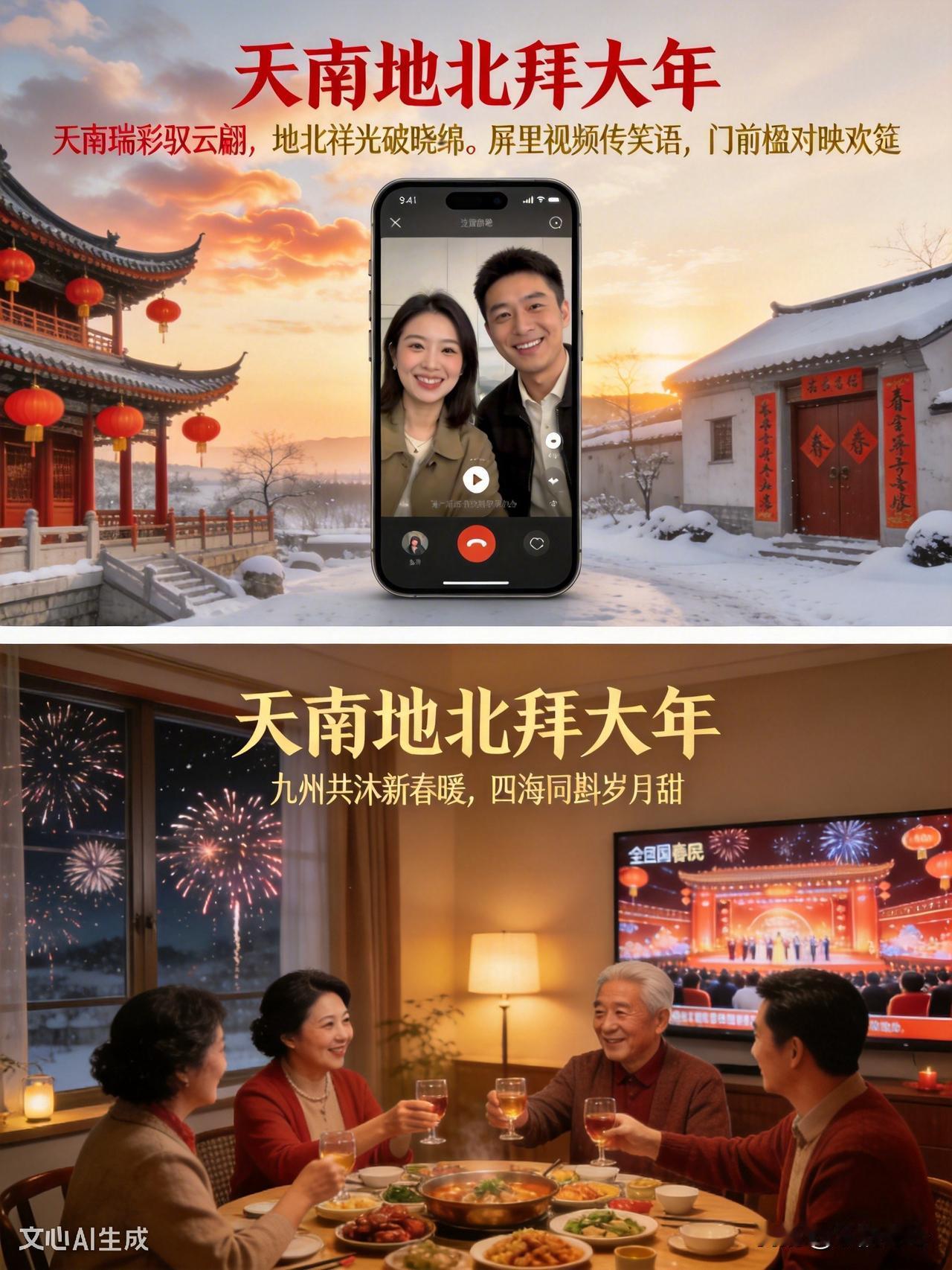 天南佳讯乘风至，
地北祥光破晓传。
微信视频传笑语，
楹联福字映欢颜。
九州同贺