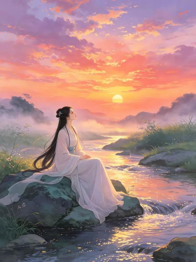 云落清溪浸浅纱，
松风漫扫石边花。
无心坐看山衔日，
只盼郎君早返家。