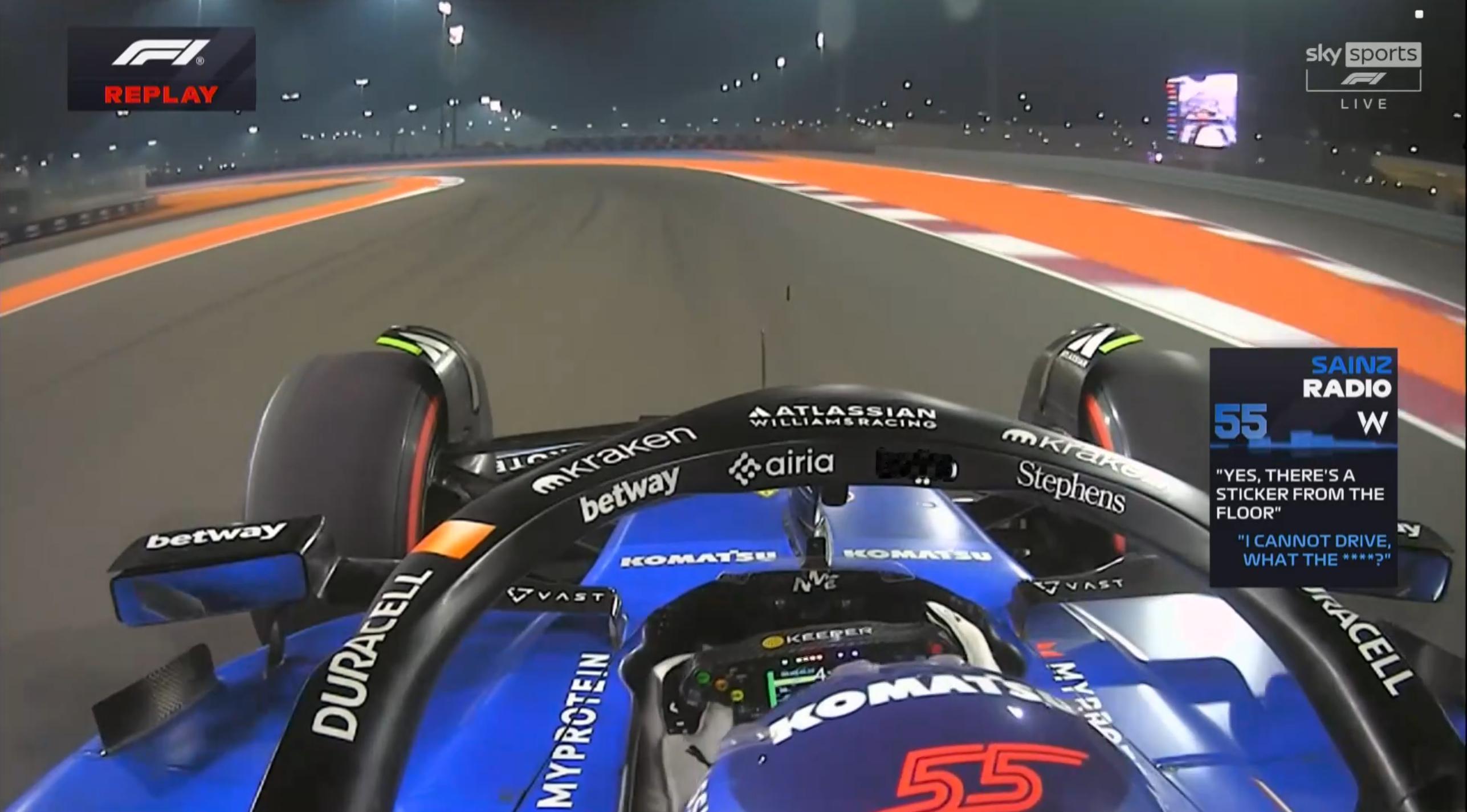 塞恩斯的赛车上面粘了一个塑料片，现在掉下来了，红旗！F12025F1卡塔尔大奖赛