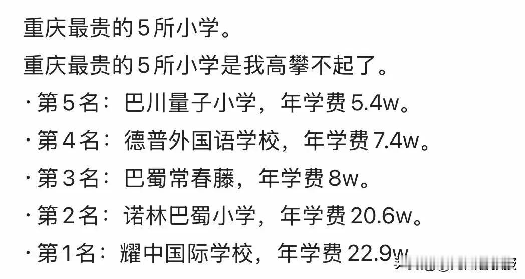 网传的重庆某些学校的学费！我个人认为，学费并不一定反映学校的教学质量，更多地是反