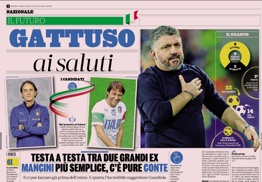 格拉维纳一旦辞职，加图索也会提前离开。米体找了几个备选人，曼奇尼比较热门（显而易