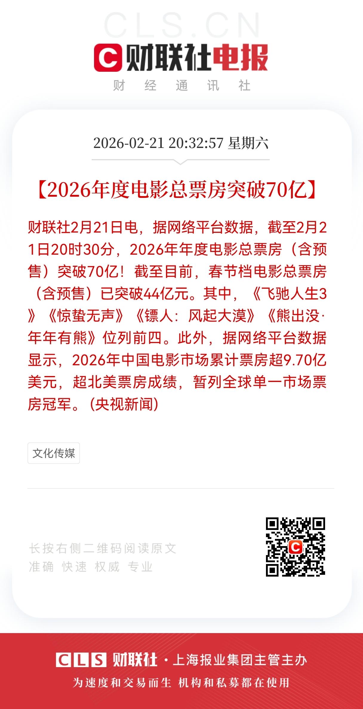 重大利好！
2026年度电影总票房突破70亿！
中国市场累计票房超9.70亿美元