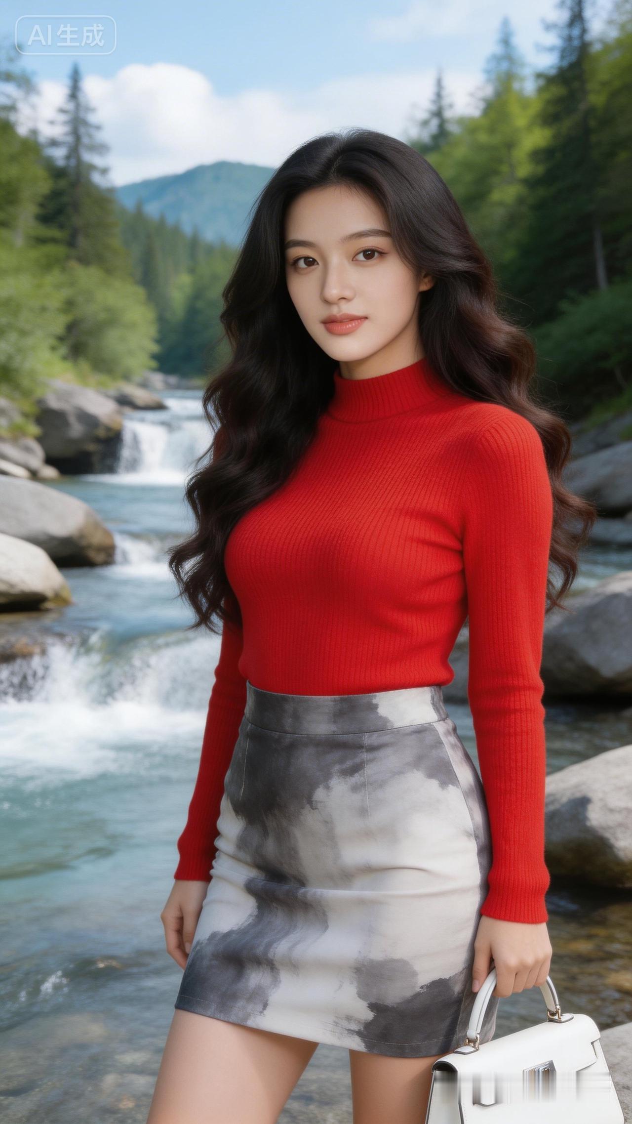 秋日森林中的时尚穿搭，红衣与灰裙的完美碰撞！🍂👗🍂