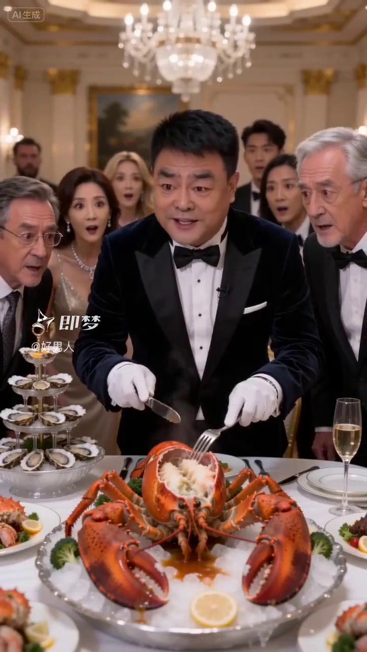 各位，今晚的海鲜盛宴管够。这只澳洲龙虾空运来的时候还在吐泡泡，为我们的财富也为这
