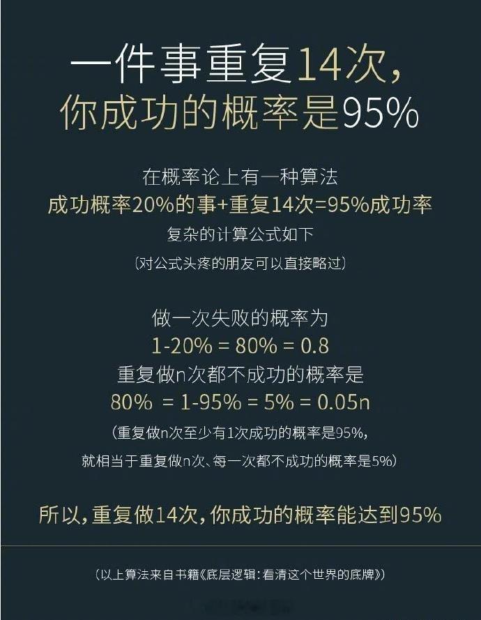 一件事重复14次，你成功的概率是95%  