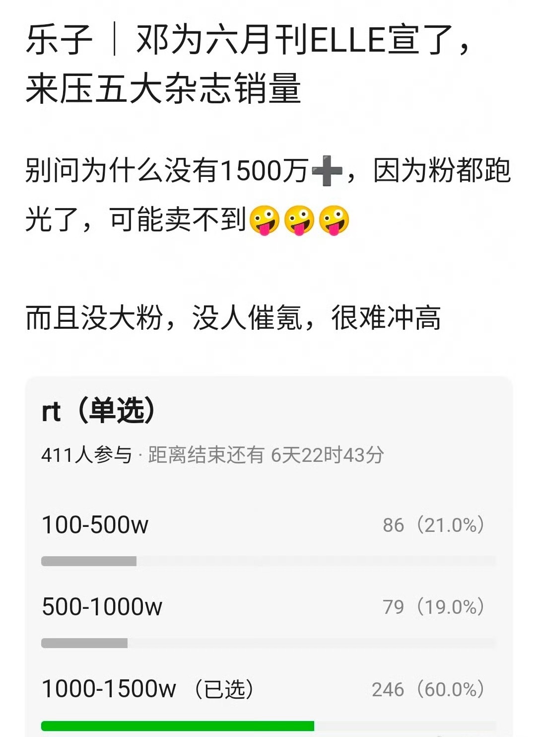 邓为都拿到elle了？？OMG。郫县已经开始涛销售量了，说他跑分严重，1500万