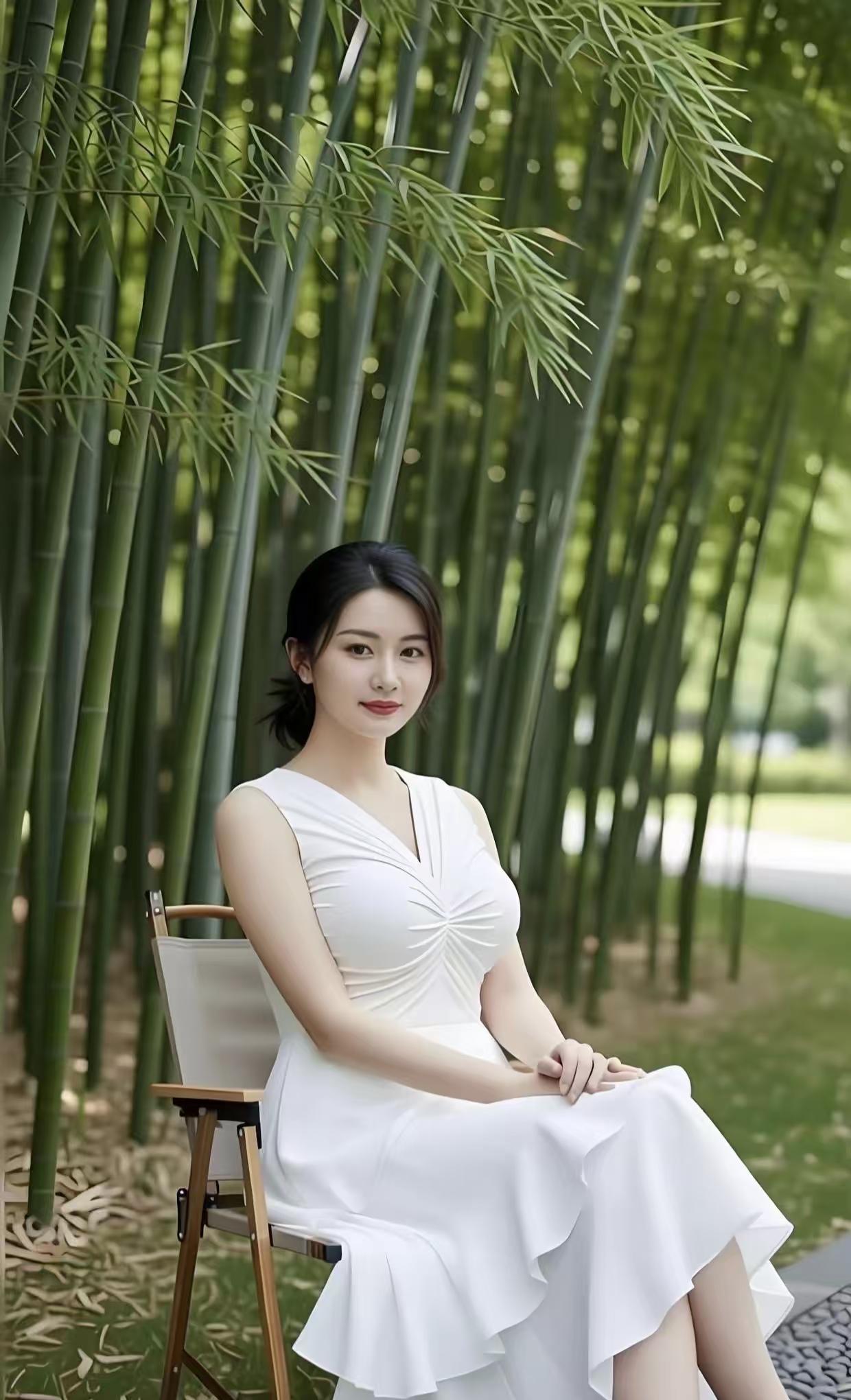 水仙子·竹影素裙
竹阴翠影漾清光，
素袂裁云束柳郎。
V襟巧褶腰姿朗，
荷裙随风