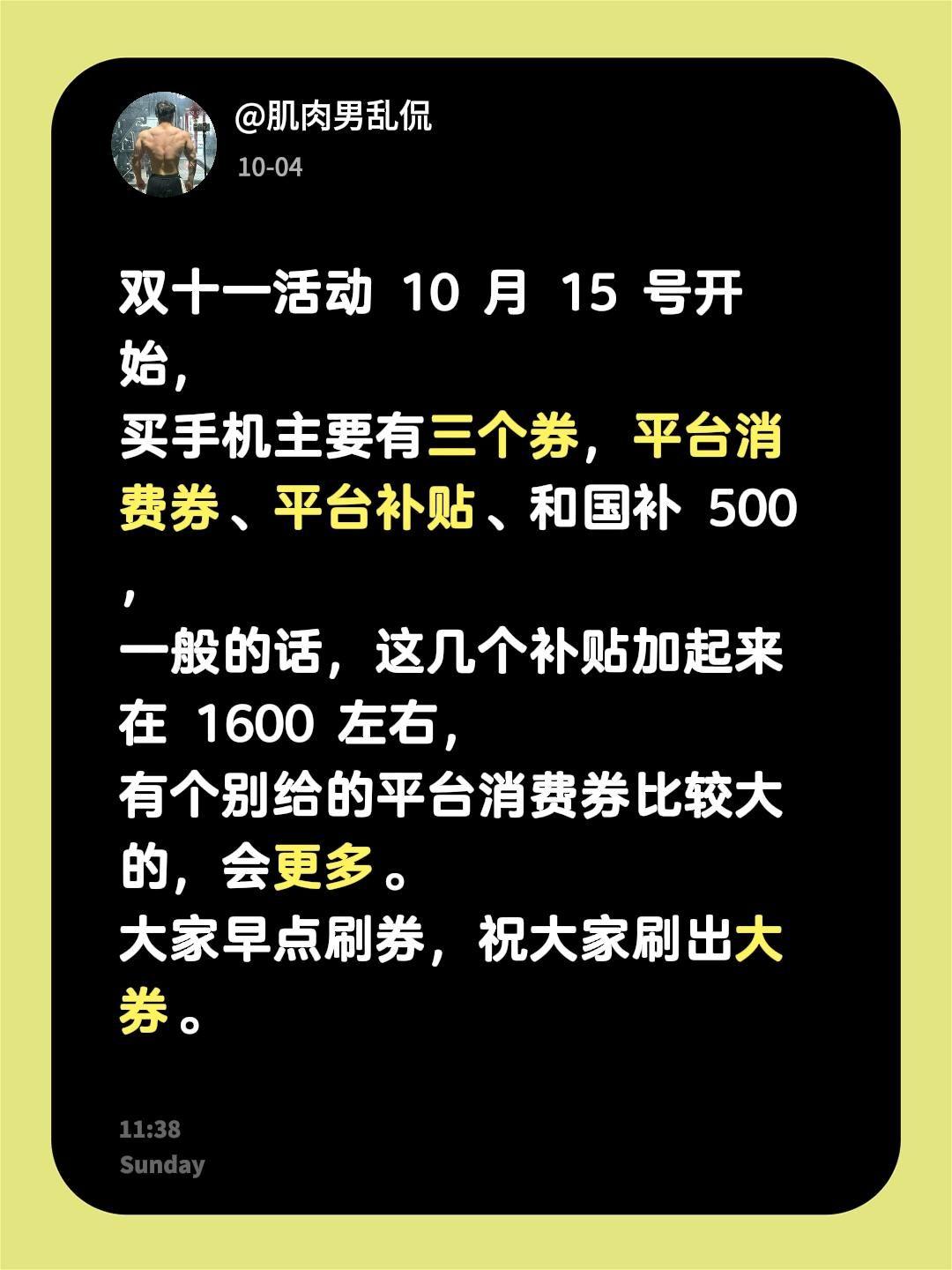 双十一活动 10 月 15 号开始，
买手机主要有三个券，平台消费券、平台补贴、