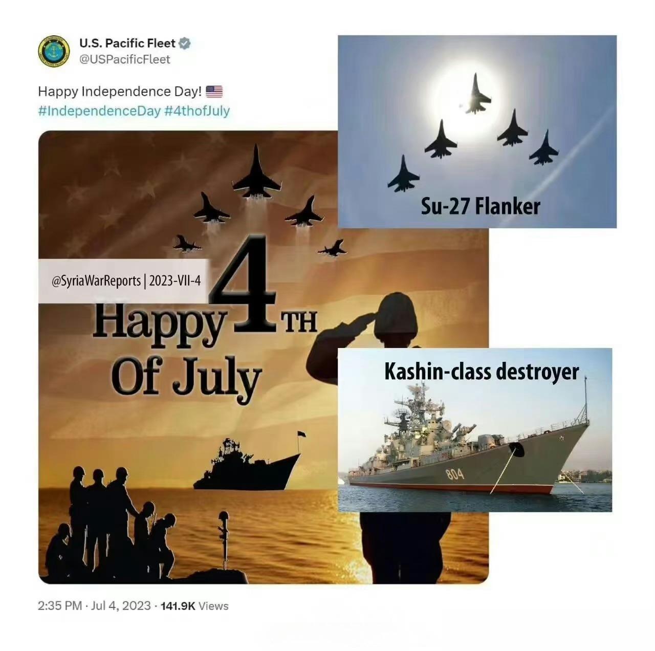 原来天下军宣是一家，来瞅瞅美国太平洋舰队发布的军宣海报，战机剪影是俄罗斯的苏-2