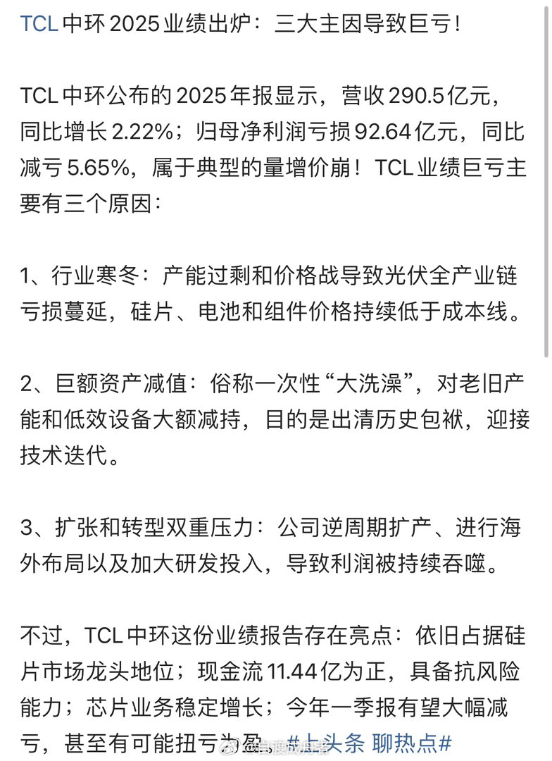 TCL中环业绩 