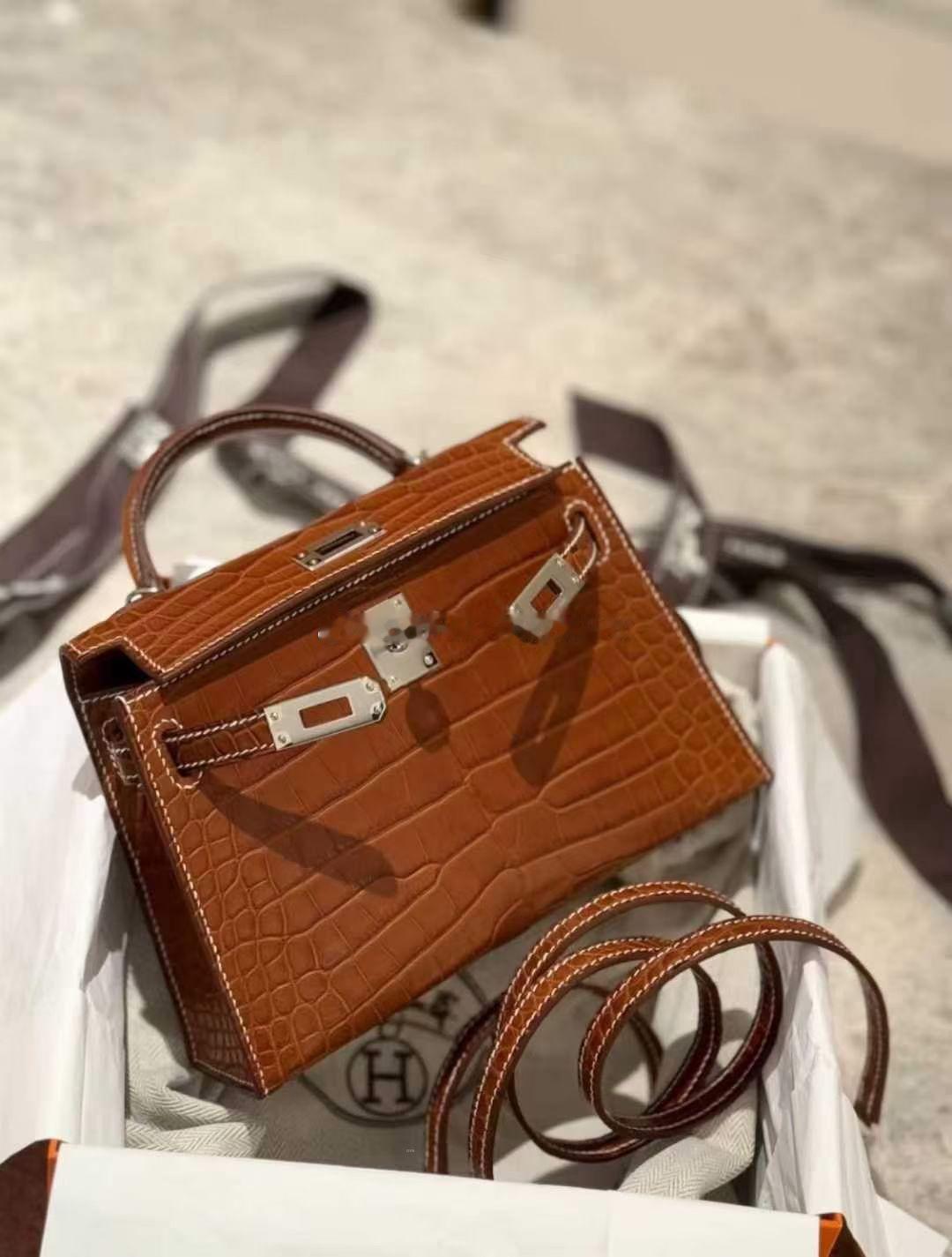 Mini Kelly二代 Barenia金棕马鞍皮 雾面方块鳄鱼 银扣 爱马仕h