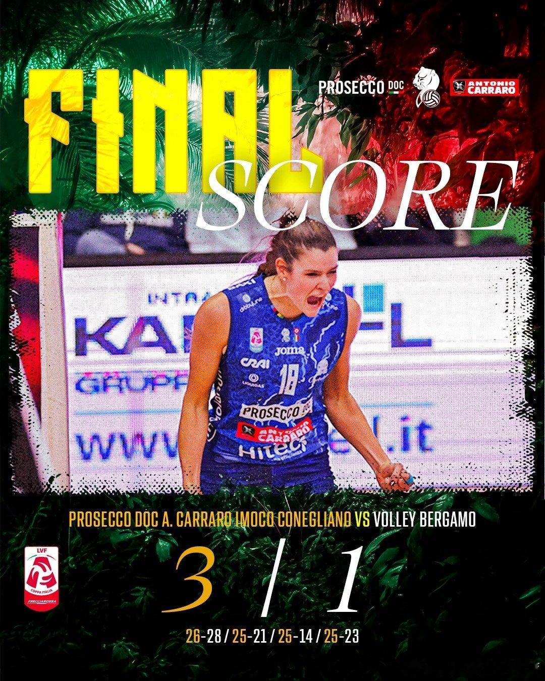 25-26赛季女排意大利杯1/4战罢，最终四强对阵出炉科内利亚诺vs诺瓦拉、斯坎