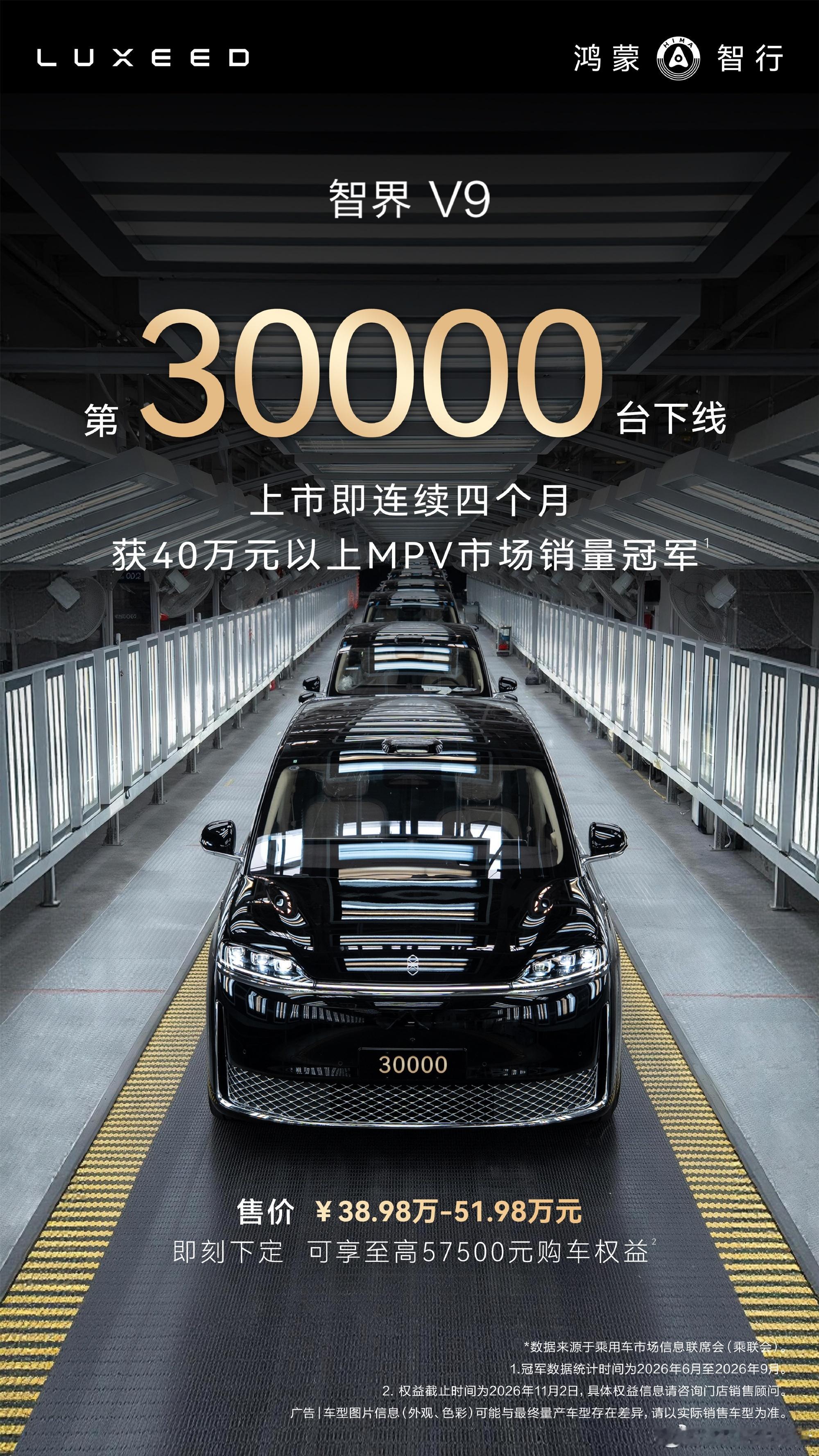 第30000台智界V9量产下线10月21日，第30000台智界V9正式量产下线。