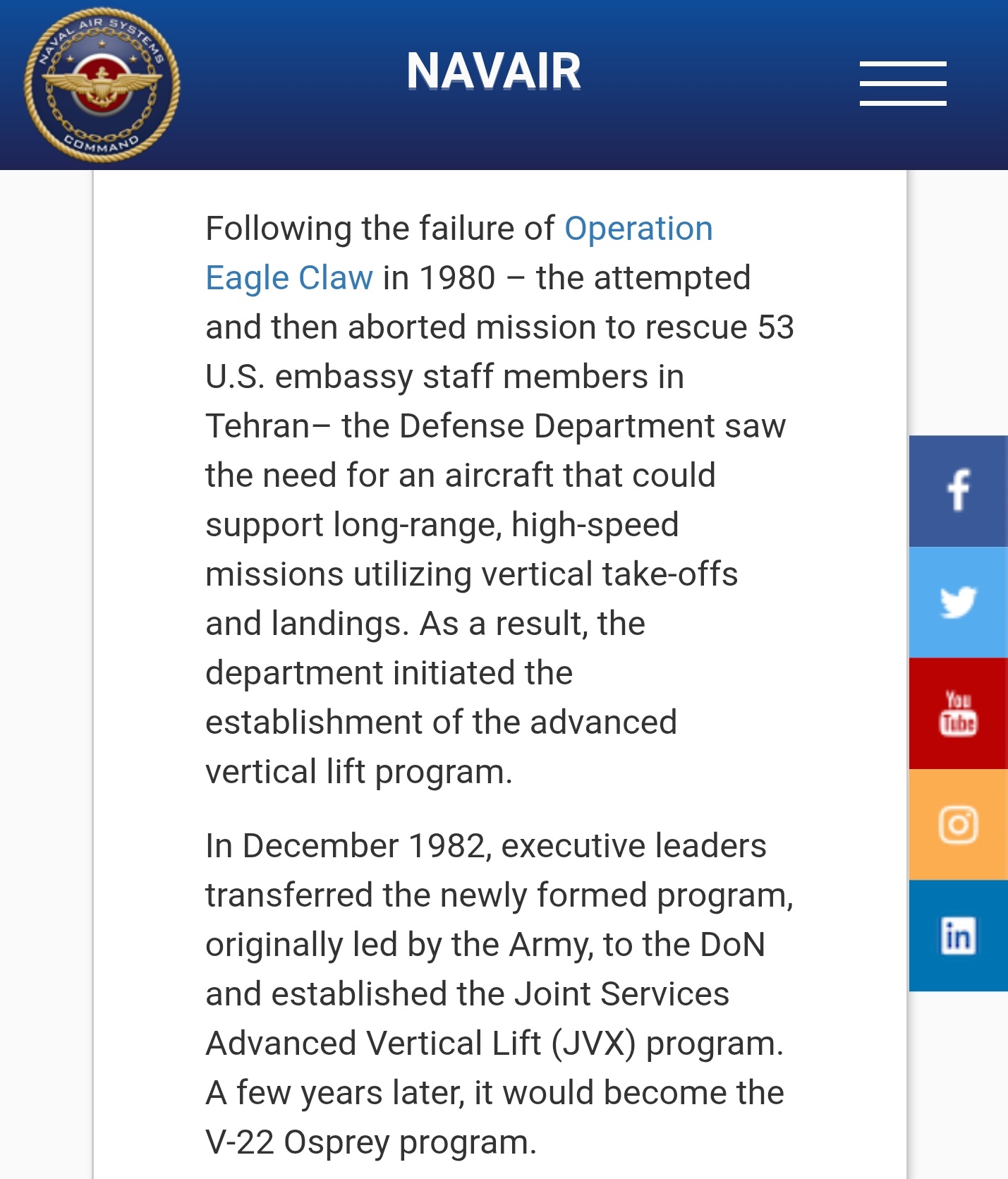 MD一等人：“1980年“鹰爪行动” （旨在营救53名美国驻德黑兰大使馆工作人员