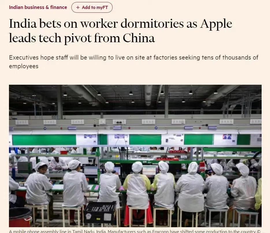 《金融时报》：……印度将赌注押在工人宿舍上——
在中国，数以亿计的农民工在中国崛