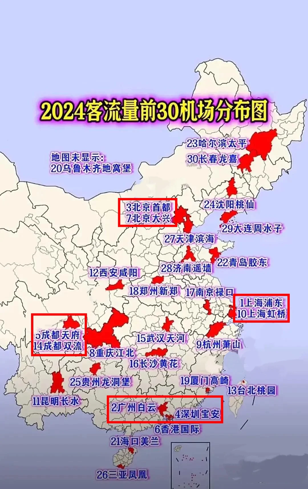 客流量前30名机场，同市同省双机场哪家强