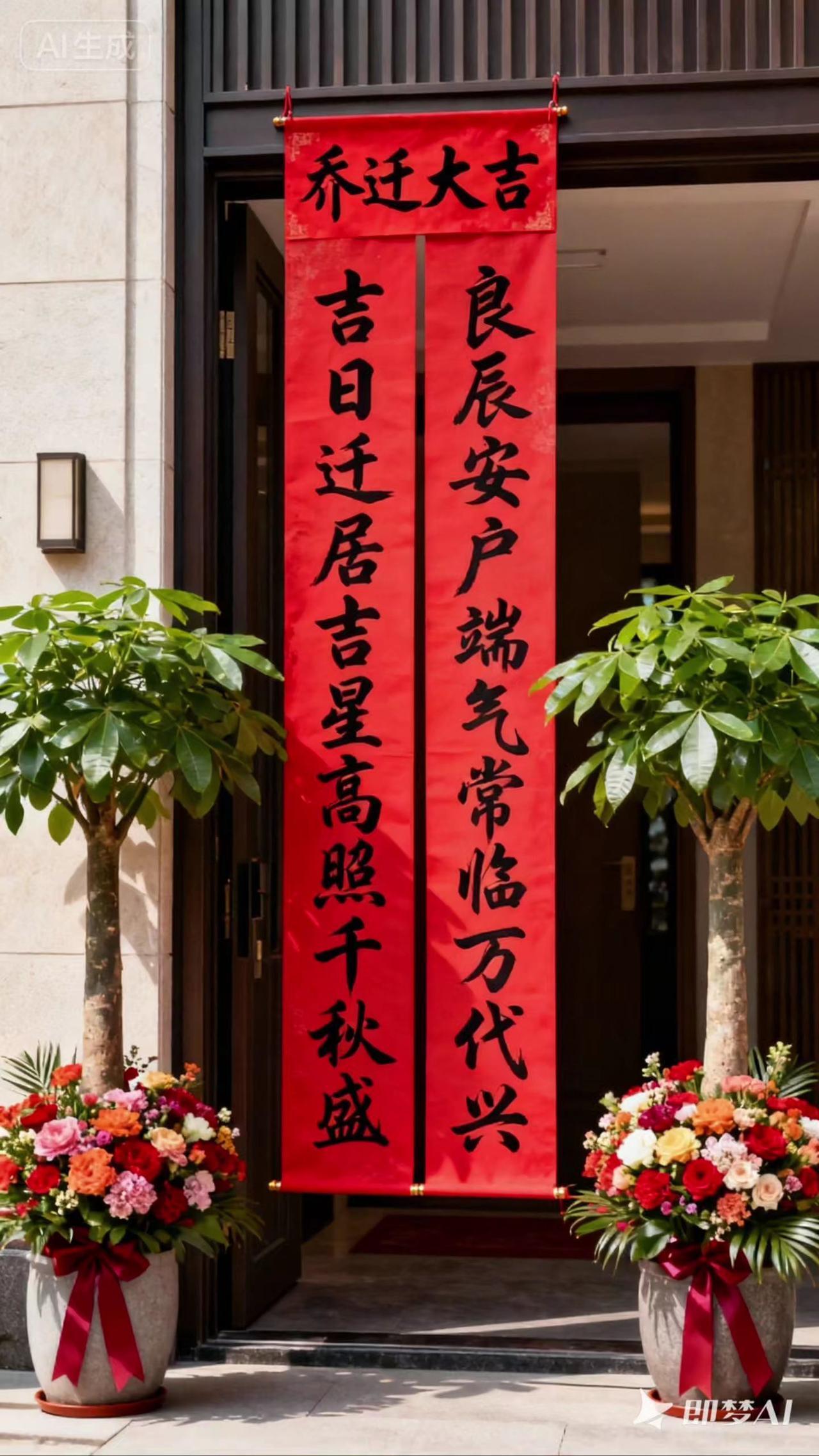 这副乔迁对联紧扣“新居纳福、世代昌盛”核心，寓意饱满且对仗工整。上联以“吉日迁居