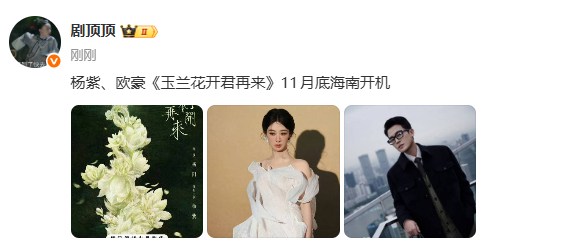 玉兰花开君再来11月底海南开机  杨紫、欧豪《玉兰花开君再来》11月底海南开机，