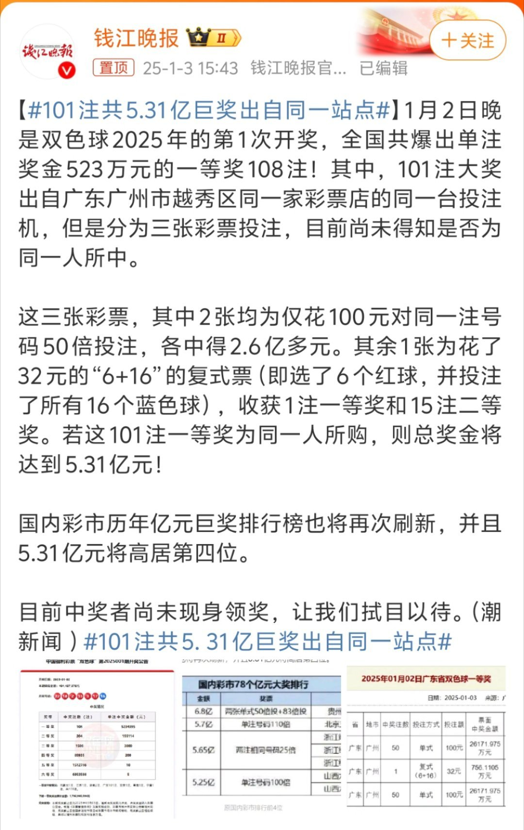 福彩5亿巨奖中奖者已兑奖  这么离谱？101注共5.31亿巨奖出自同一站点，还同