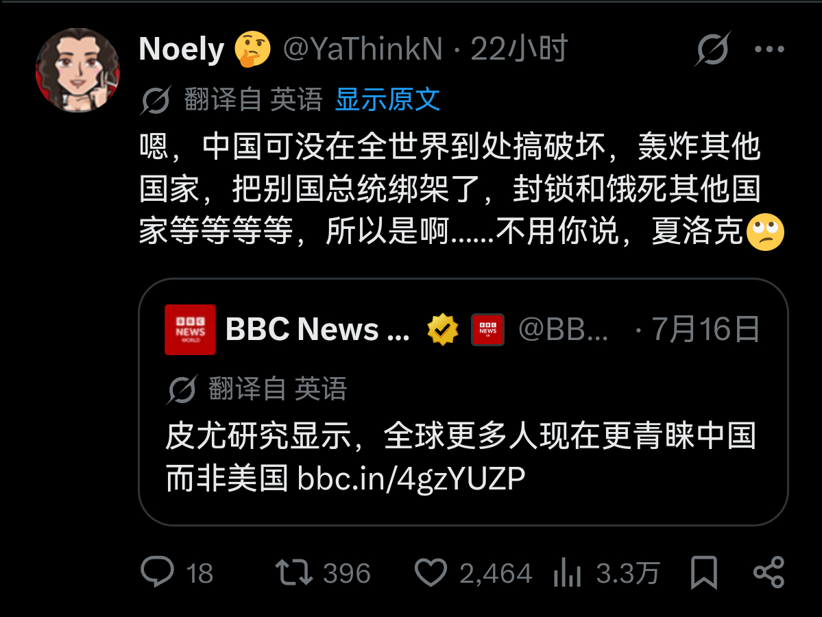 bbc报道，全球喜欢中国的人的数量已经超过了喜欢美国的人 