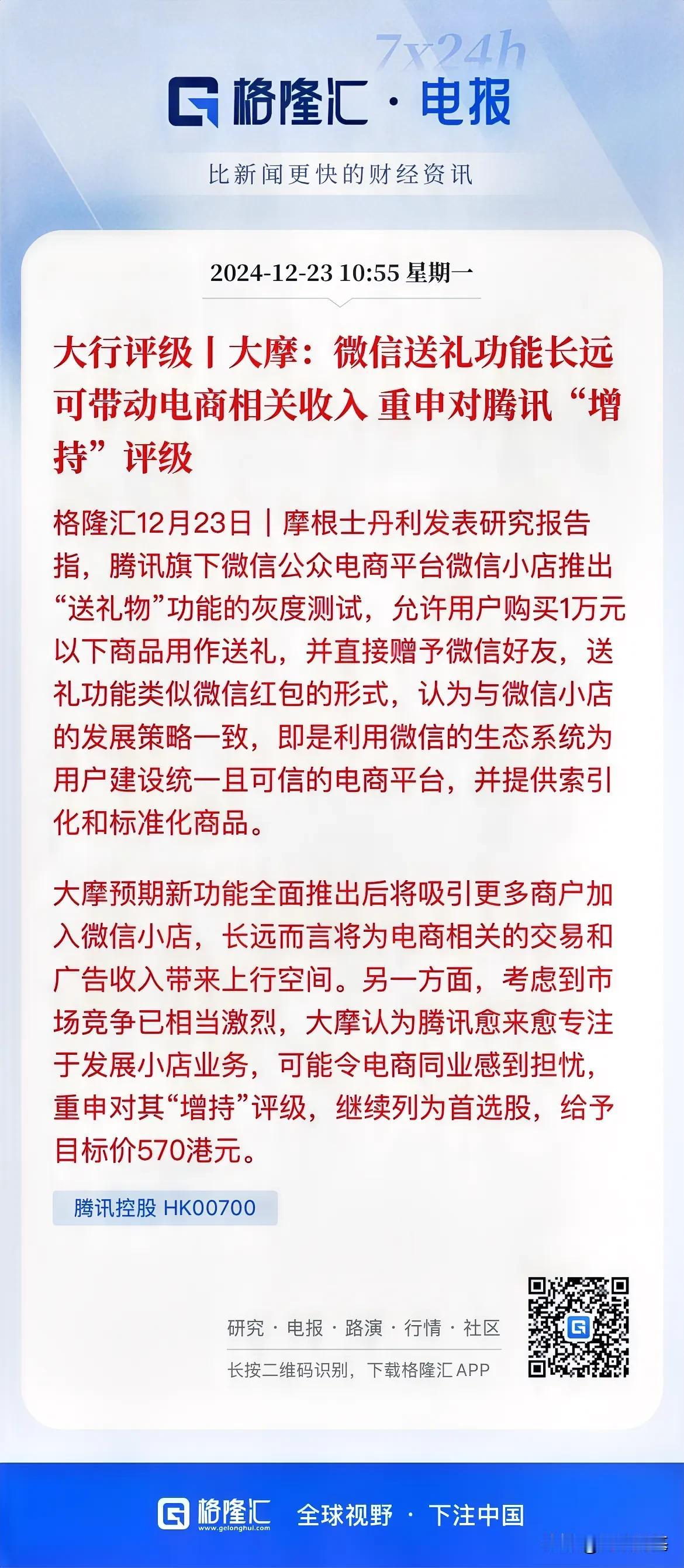 大摩：重申对腾讯“增持”评级，给予目标价至570港元

港股腾讯周一低开低走，现