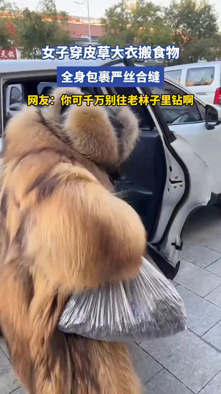 女子穿皮草大衣搬食物，全身包裹严丝合缝。
网友：你可千万别往老林子里钻。
11月