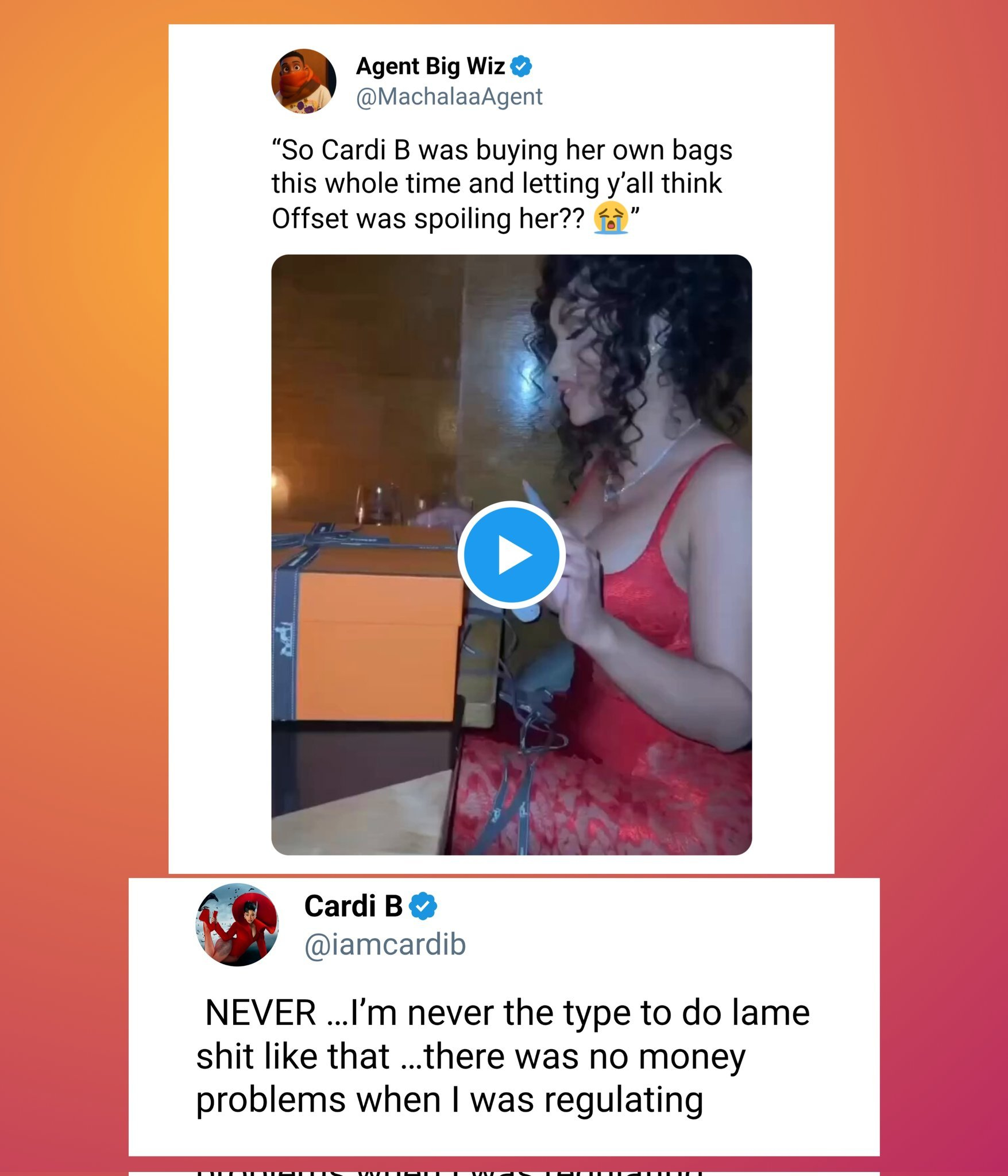 CardiB否认自己花钱买包假装老公送的 近日，有传闻称Cardi B在与Off