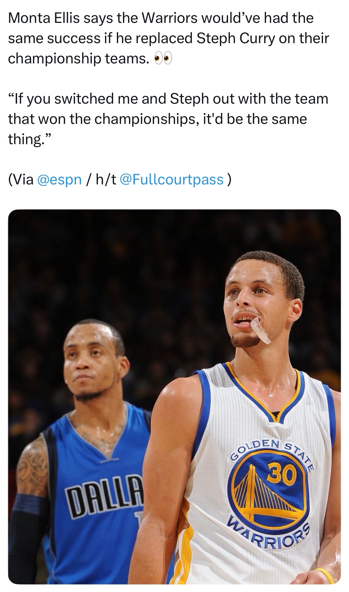 蒙塔埃利斯在接受ESPN采访时表示，如果他代替库里出现在当时的冠军阵容中，勇士依