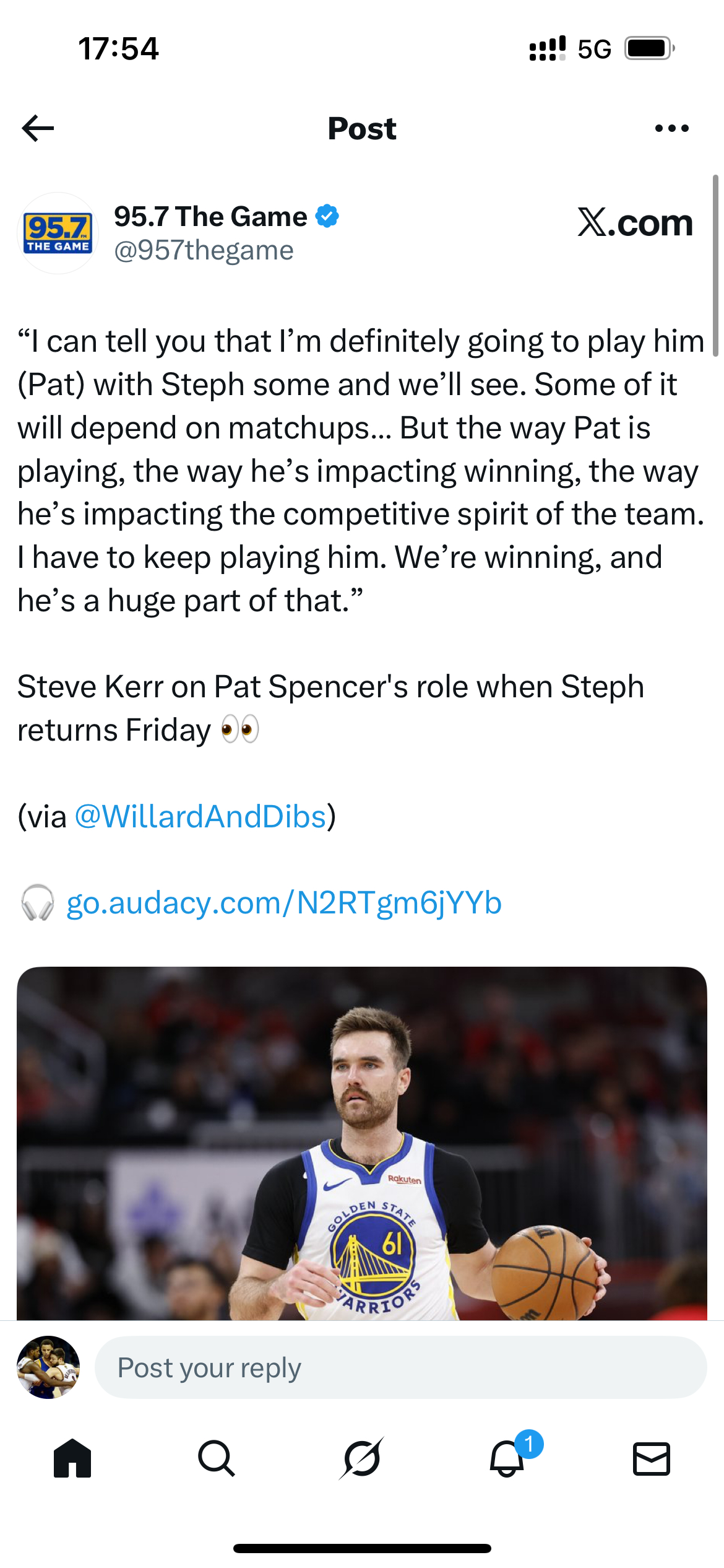 科尔谈到库里回归后斯班瑟的角色：“我可以告诉你们，我肯定会安排他和库里一起打一些