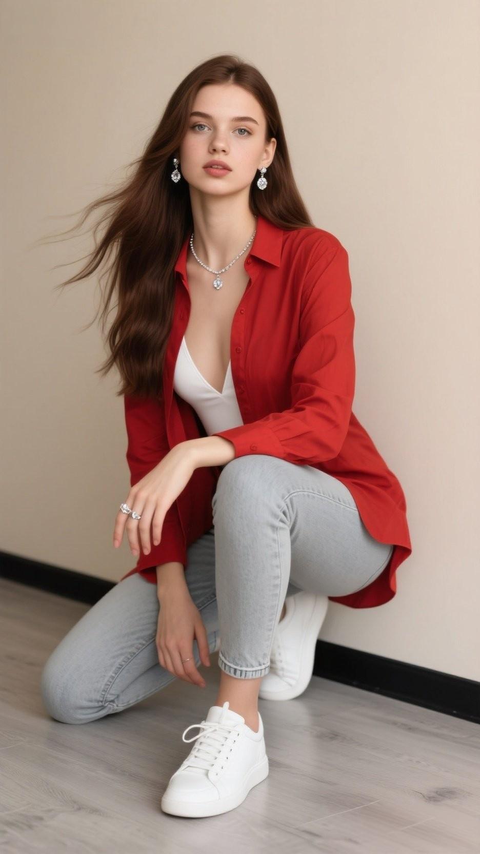 看到“时尚红衣少女，白鞋轻奢，耳环闪耀，简约时尚”，脑海里瞬间浮现出一幅画面。红