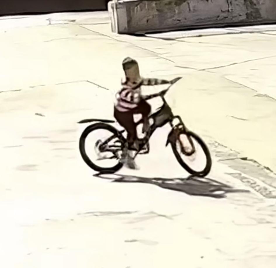 弟弟想学自行车
姐姐把弟弟扶上车后
拔腿就跑，弟弟因腿不够长，不会停车，自己在院