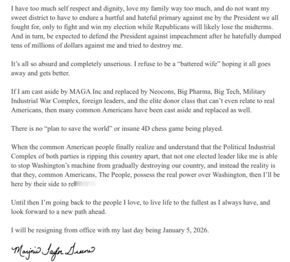 Marjorie Taylor Greene 辭職了，用委婉的筆法寫出老川非蠢（