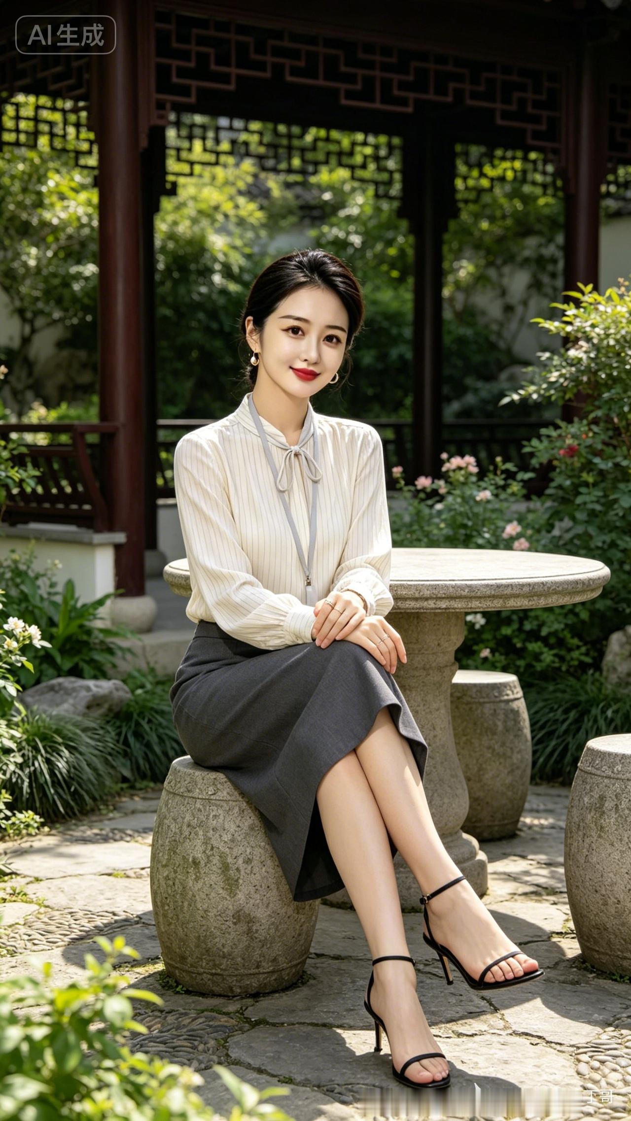 园林静姝
 
古亭叠翠绕芳丛，石凳闲栖雅致容。
素带轻丝垂领畔，灰裙温婉衬清风。