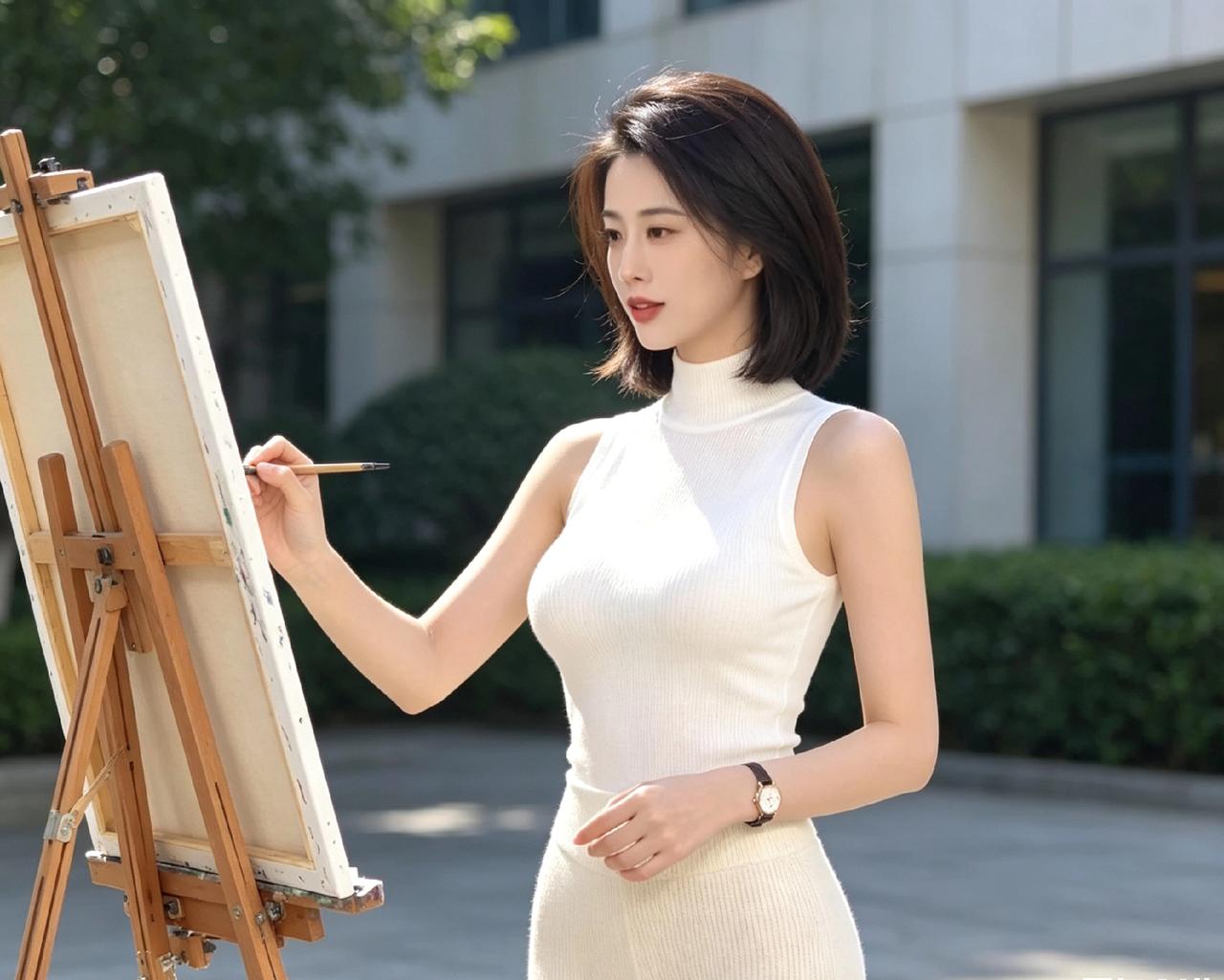 优雅艺术气息，白裙画室少女，阳光下的艺术创作
