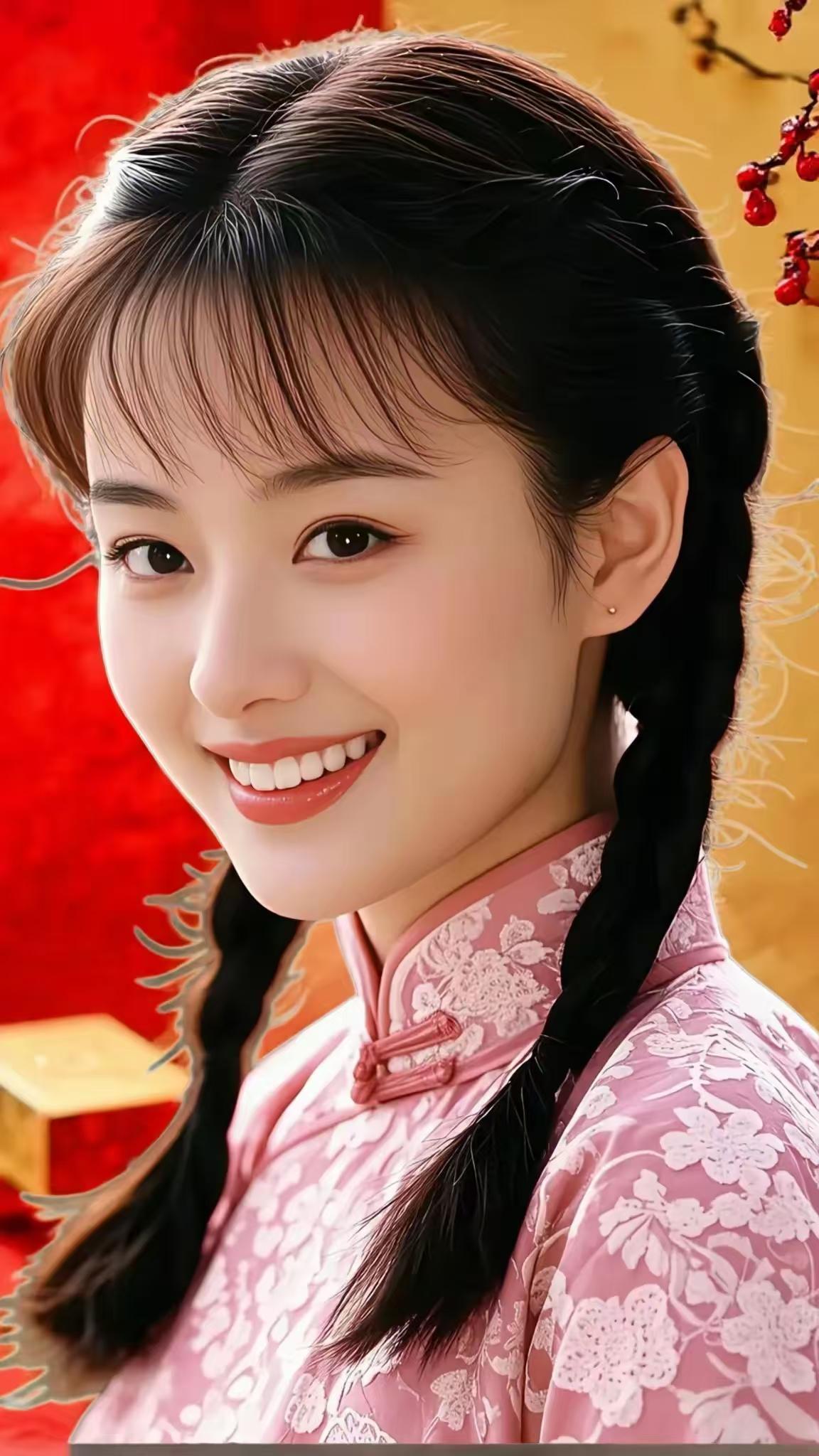 粉衣少女笑靥如花，双辫轻扬，红梅映衬，古韵里藏着最甜的欢喜。