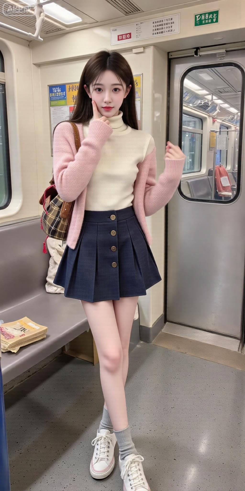 粉开衫配藏青裙，地铁里的温柔甜妹好灵动玫红色裙穿搭 粉色调穿搭