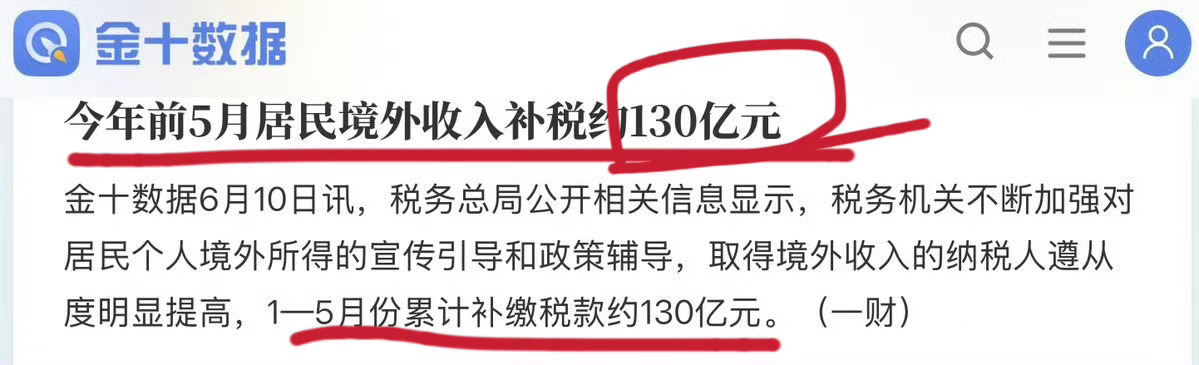 WOC 今年1-5月居民境外收入补税约“130亿元”光是补税5个月就百亿，这在外