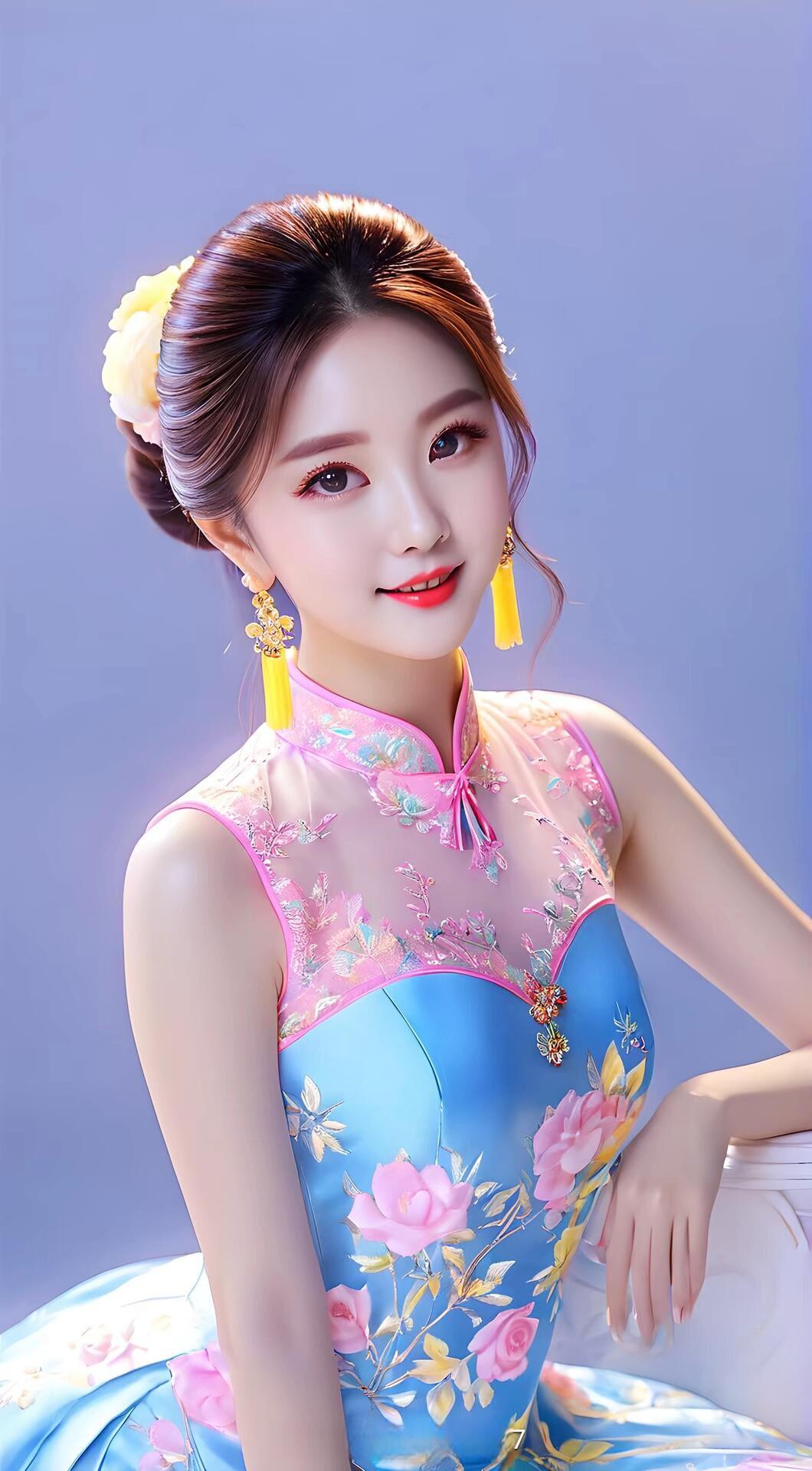 惊艳的古典美人，粉蓝相间的旗袍，优雅动人！