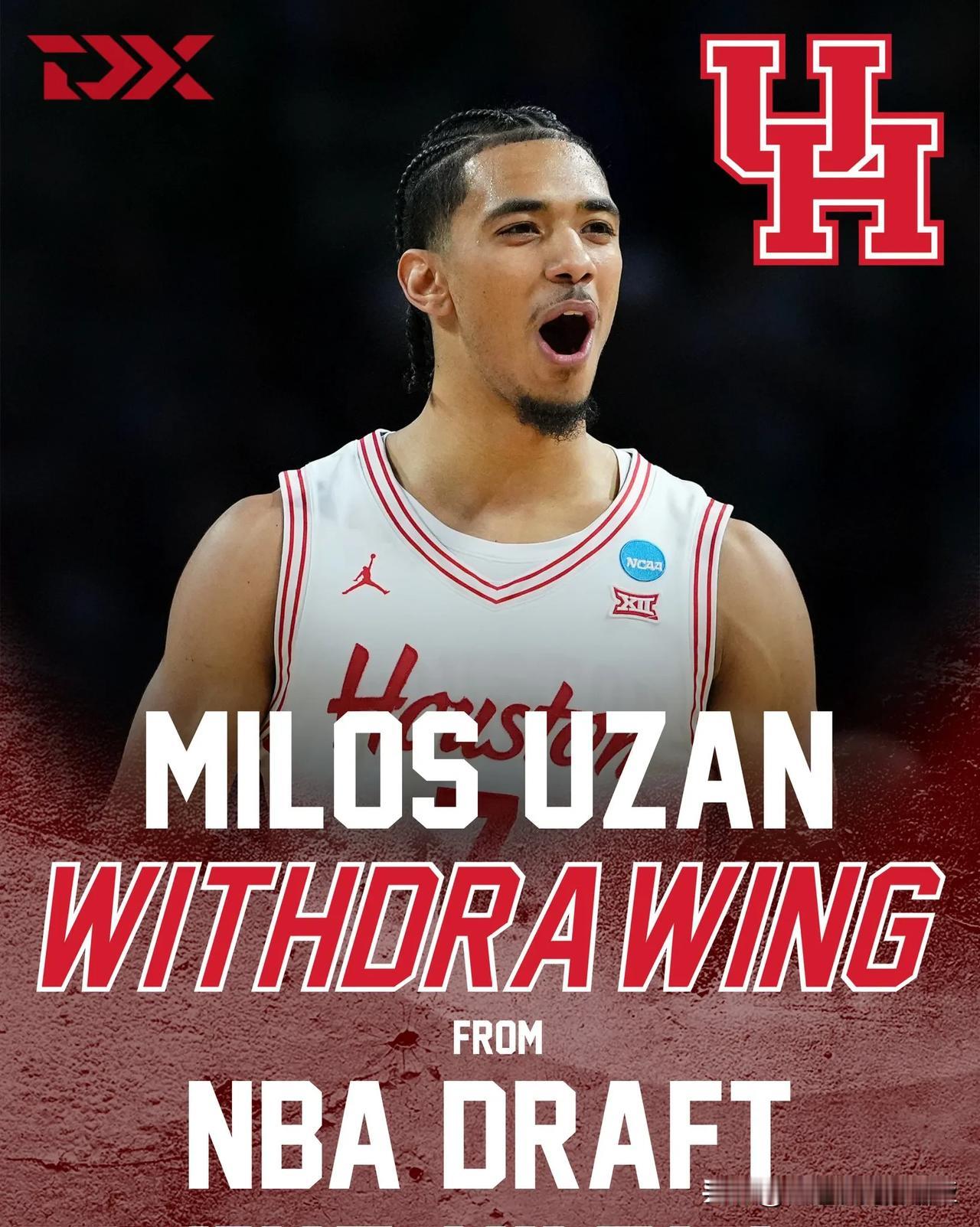 休斯顿控卫Milos Uzan宣布退出2025年nba选秀 留校征战大四赛季，亚